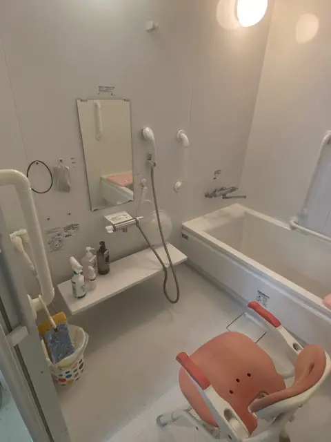 シャワーと入浴用椅子を備えた浴室